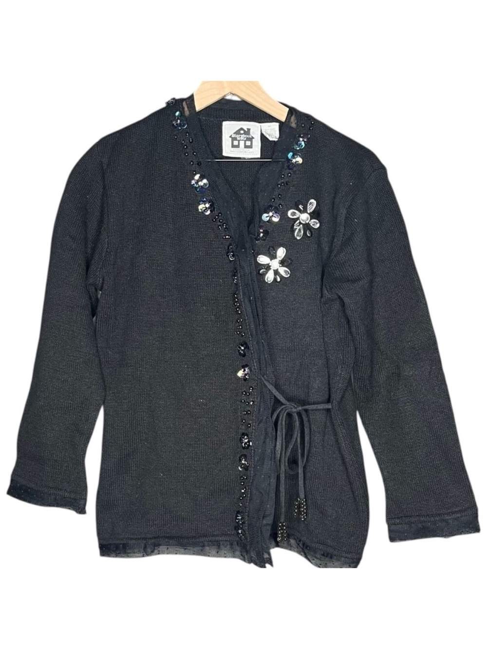 Storybook Knits Cardigan Sweater Wrap Beaded Black Embellished Size Medium - Picture 2 of 8